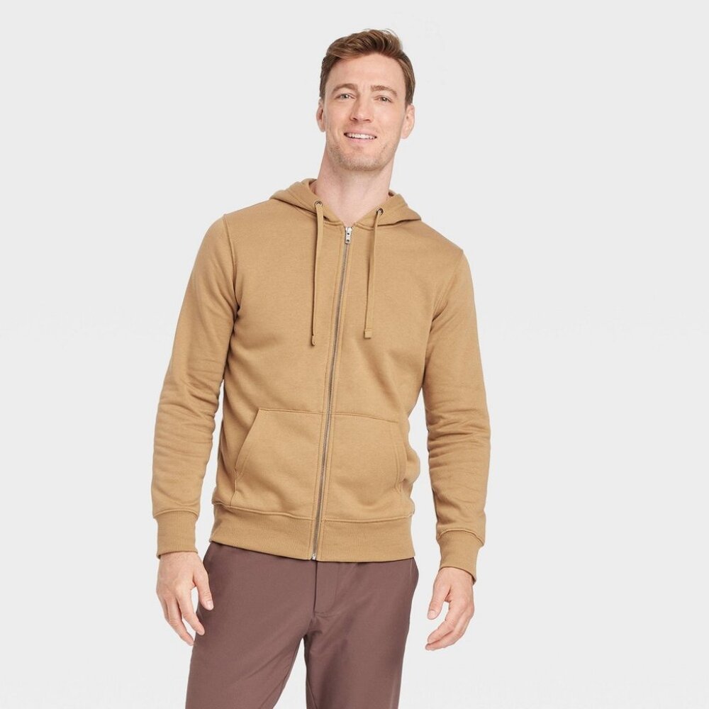 Men's Hooded Zip-Up Sweatshirt - Goodfellow & Co™ Brown L: Midweight Fleece